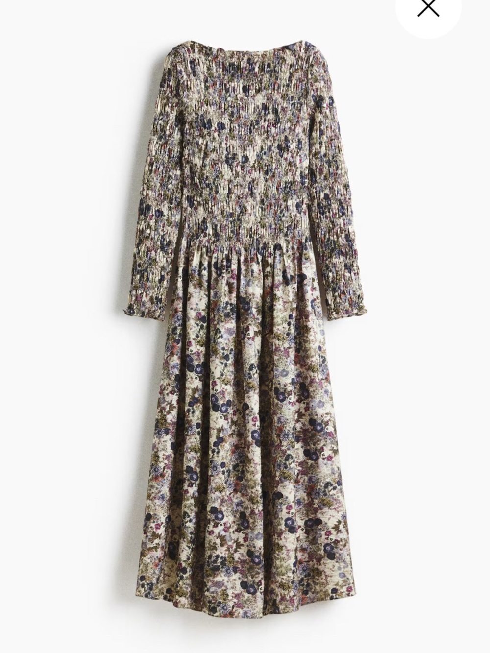 H&M Floral Smocked Long-Sleeve Midi Dress in Cream and Purple